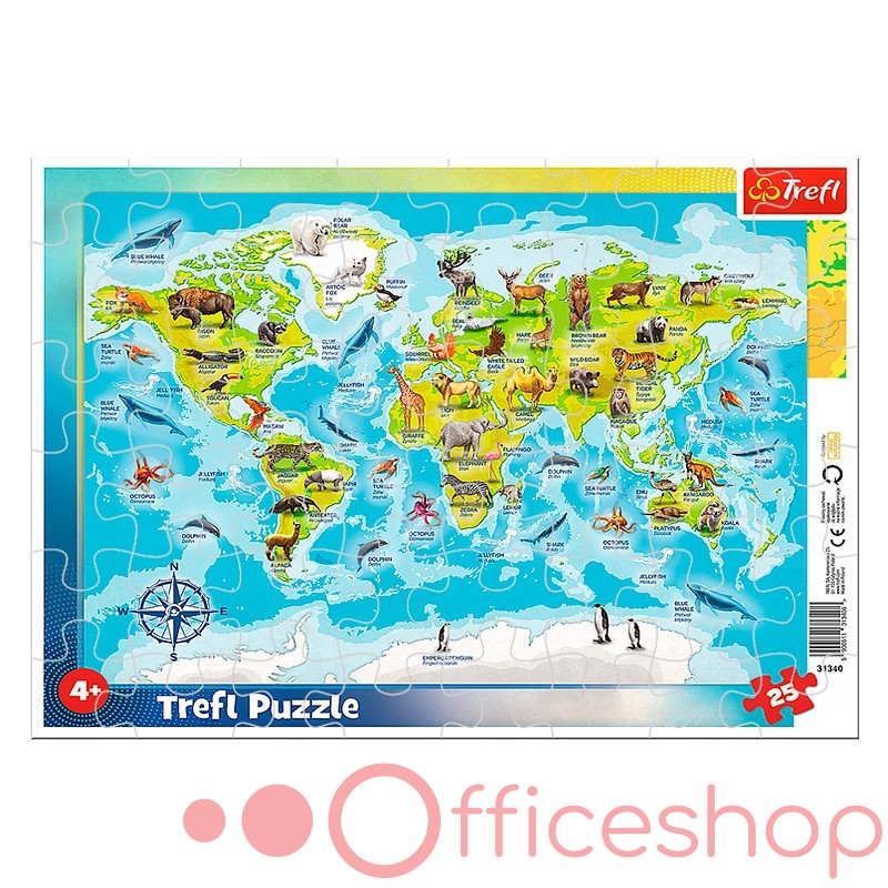 Puzzle 25 elemente "Harta lumii cu animale" Trefl 31340