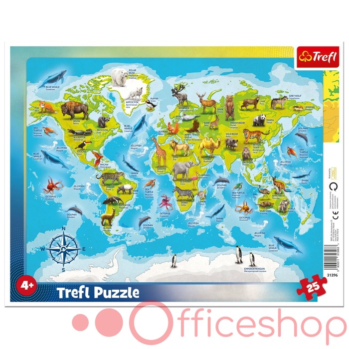 Puzzle în ramă „Harta Lumii cu animale” Trefl 31396