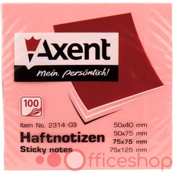 Hârtie pentru notițe cu strat adeziv Axent, 100 file, 75x75mm, pal roz, 2314-03-A