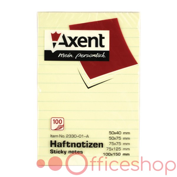 Hârtie pentru notițe cu strat adeziv Axent, 100 file, dictando, 100x150mm, pal galbenă, 2330-01