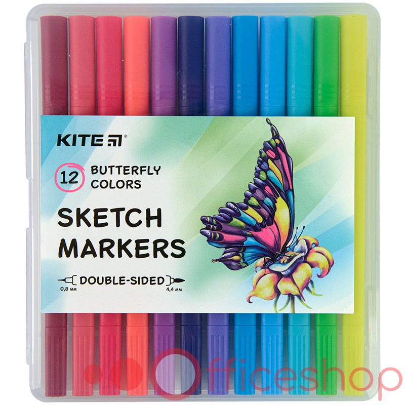 Markere pentru sketchbook Kite Butterfly cu două capete, 0.8 mm + 4.4 mm, 12 buc/set, K22-044-2