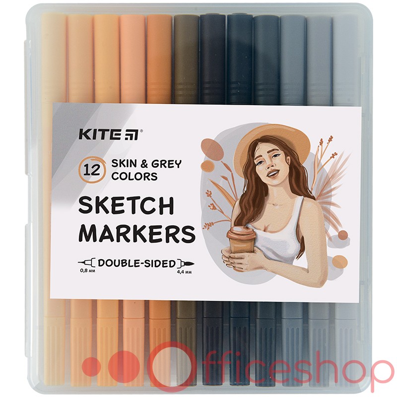 Markere pentru sketchbook Kite Skin&Grey cu două capete, 0.8 mm + 4.4 mm, 12 buc/set, K22-044-4